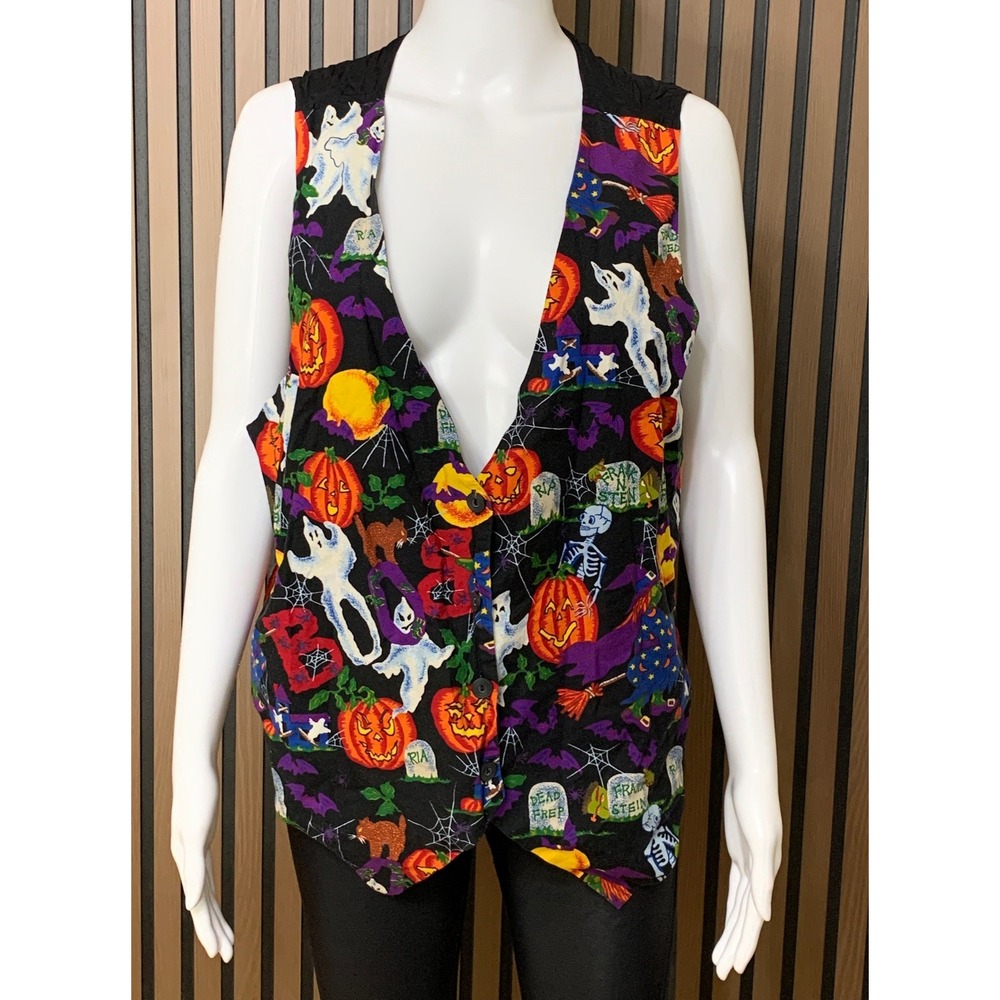 Basic Editions Halloween Vest Women's 2X Black Ghost Pumpkin Witch Button Front